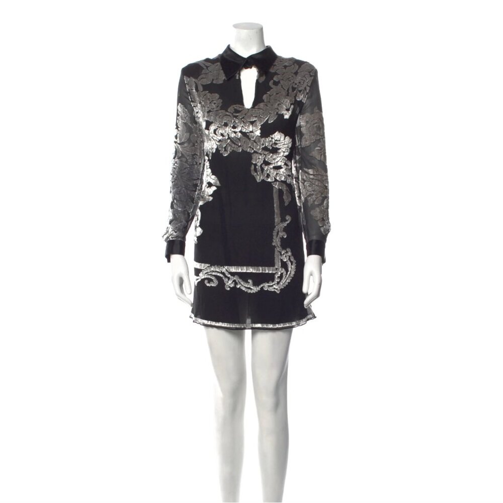 Badgley Mischka Velvet Burnout Mini Dress Black Silver Floral Cocktail Size 14/L